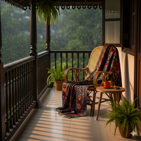A tranquil balcony setting featuring a wicker chair draped with vibrant textiles, surrounded by potted plants and a wooden railing.の素材