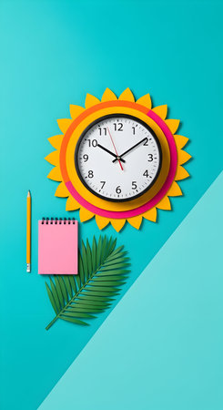 A whimsical sun-shaped clock sits beside a pink notepad, pencil, and a green leaf on a vibrant turquoise background.の素材