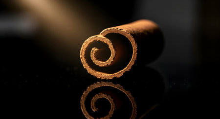 A detailed macro shot of a cinnamon stick, showcasing its spiral texture and warm tones against a dark, reflective surface.の素材