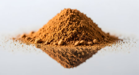 A conical pile of fine, reddish-brown granular cinnamon powder sits on a reflective surface, casting a clear shadow.の素材