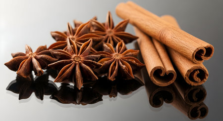 A close-up shot of star anise pods and cinnamon sticks, showcasing their natural textures and rich colors, ideal for cooking and baking.の素材
