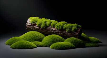 A close-up studio shot of vibrant green moss growing on a weathered log and rounded mossy mounds against a dark background.の素材