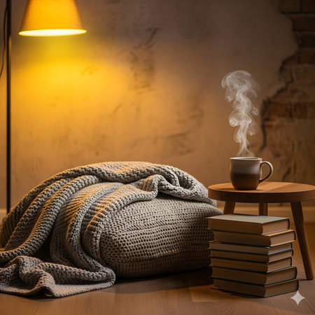 A warm, inviting scene with a plush blanket, steaming mug of beverage, and stack of books next to a lamp.の素材