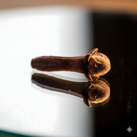 A single, dried clove spice rests on a dark, reflective surface, casting a clear shadow.の素材