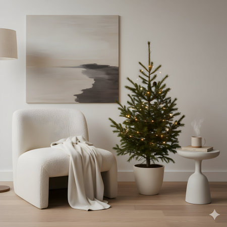 A minimalist living room corner features a fluffy armchair, a small Christmas tree, and abstract art, creating a serene holiday ambiance.の素材