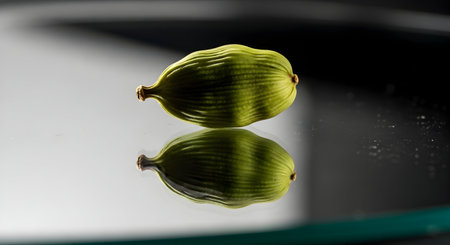 A single green cardamom pod is artfully displayed with its reflection on a glossy, mirrored surface, creating a striking visual symmetry.の素材