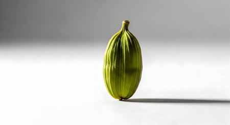 A close-up, studio shot of a single, vibrant green cardamom pod standing upright, casting a long, dramatic shadow.の素材