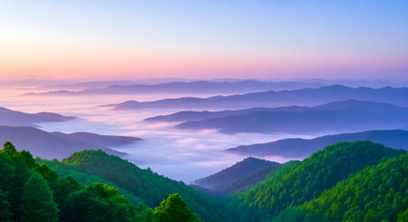 A breathtaking sunrise paints the sky with soft pastels over a sea of mist filling the valleys between lush green mountains.の素材