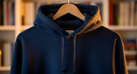 Men's blue hoodie on a mannequin in the libraryの素材