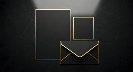 Mockup of Black and gold envelope on black marble background. 3D Renderingの素材