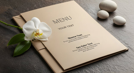 Mockup of Wedding invitation card with orchid flower on grey table, closeupの素材