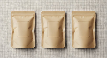 Mockup of 3d rendering of three brown plastic food bags on a white backgroundの素材