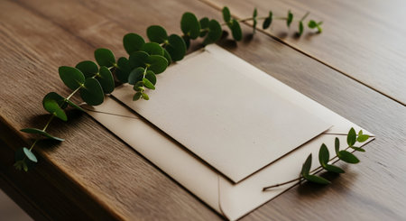Mockup of Envelope with eucalyptus leaves on wooden tableの素材