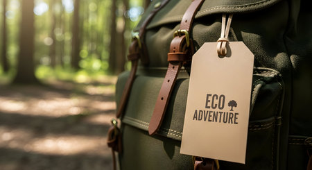 Mockup of Hiking with a backpack and a label with the inscription Eco tourismの素材