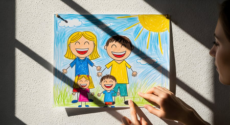 Happy family drawing on white wall with sunlight from window. Family conceptの素材