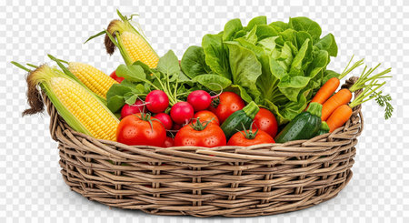 Basket of fresh vegetables isolated on transparent background. Healthy food concept.の素材