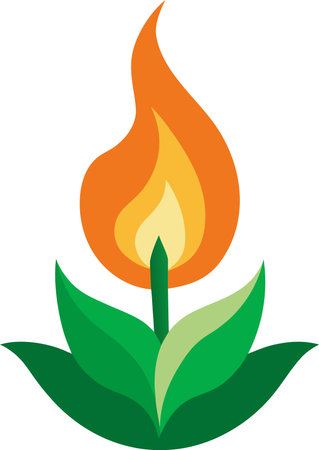 This is an illustration icon of a burning candle with green leaves.のイラスト素材