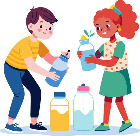 Vector illustration of a boy and a girl with a bottle of waterのイラスト素材