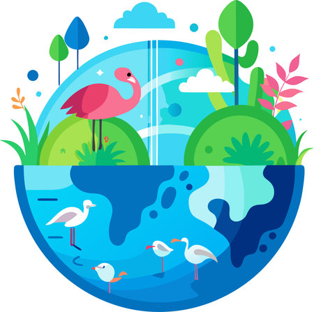 Flat design illustration of a flamingo on a lake with trees, plants and clouds in the background.のイラスト素材