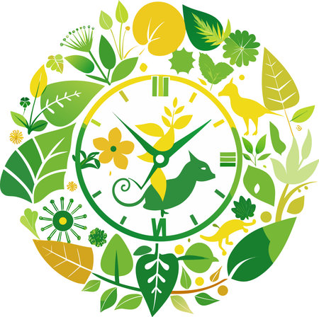 clock with animals, flowers and leaves on a white background, vector illustrationのイラスト素材