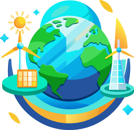 Illustration of a Globe with Wind Turbines and Solar Energyのイラスト素材