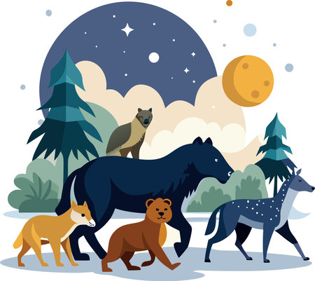 Wild animals in the forest at night. Vector illustration in flat styleのイラスト素材