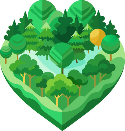 Illustration of a green forest with trees in the shape of a heartのイラスト素材