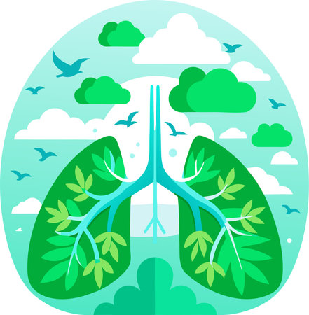Illustration of a human lungs surrounded by green leaves and seagullsのイラスト素材