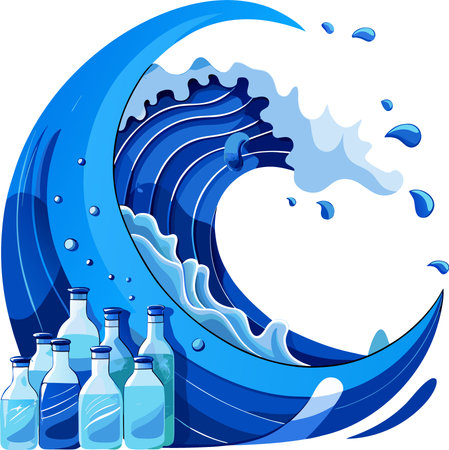 Illustration of a Blue Ocean Wave with Bottles of Water in the Backgroundのイラスト素材