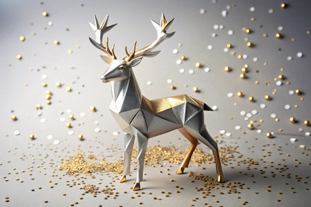 Christmas and New Year background with golden bokeh and silver deerの素材