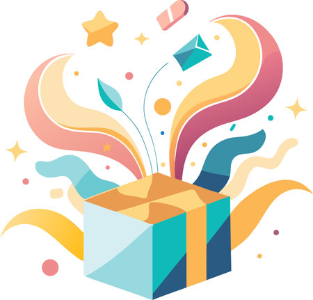 Illustration of a gift box with a ribbon and a colorful background