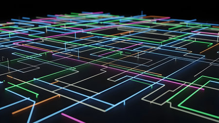 Circuit board network with glowing lines and digital data connections. Abstract technology background represents innovation and communication.の素材