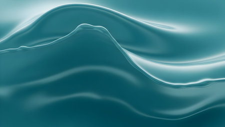 Smooth abstract teal liquid background with elegant flowing waves; shiny serene surface captures gentle light reflectionsの素材