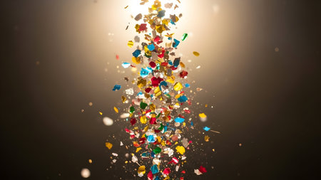 Exploding confetti creates festive display. Burst of colorful paper pieces against dark background with bright light overhead.の素材