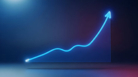 Abstract neon line representing business success and financial growth. Upward trending arrow graph showing progress.の素材