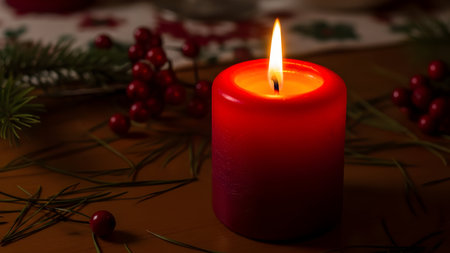 Warm glow of single red candle illuminates festive Christmas decorations. Holiday ambiance with berries and pine needles.の素材