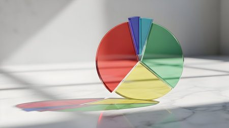Transparent glass pie chart on a white marble surface with distinct colored sections. Data visualization concept.の素材