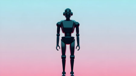 Advanced black humanoid robot standing with sleek design on pastel gradient background conveying modern technologyの素材