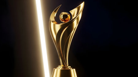 Elegant shiny golden award trophy featuring a central sphere, dramatically illuminated by a bright vertical light beam on a dark backgroundの素材