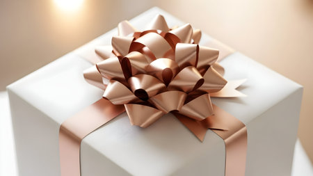 Stylish gift box wrapped with rose gold ribbon and bow. Elegant present with soft, blurred background. Perfect for celebrations.の素材