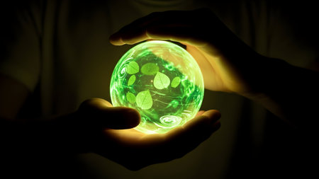 Hands holding glowing green orb. Floating leaves inside sphere. Mysterious light in darkness. Nature concept with illuminated element.の素材