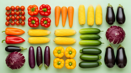 Brightly colored fresh vegetables arranged in rows showcasing healthy eating and natural food choices on light green backdrop.の素材