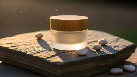 Frosted glass jar with wooden lid on natural stone surrounded by small pebbles. Skincare product outdoors.の素材