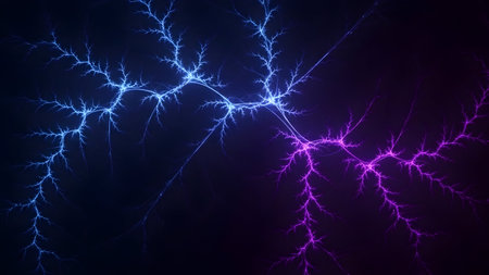 Blue and purple lightning fractal pattern. Abstract electric energy. Dark background with glowing branches and light effects.の素材