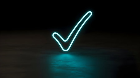 Bright neon blue checkmark symbol glowing intensely on a dark, reflective surface with subtle blue light. This image represents completion, validation, and success.の素材