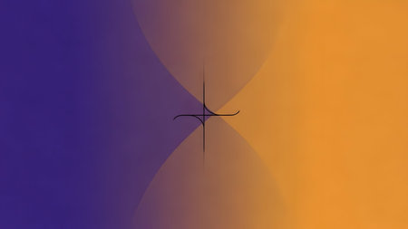 Conceptual graphic design featuring purple and orange gradient with center crosshair symbol and curved intersecting linesの素材