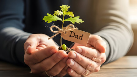 Man's hands carefully cradle tiny green plant sprout tied with twine and small tag saying dad symbol of growthの素材