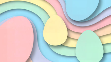 Pastel easter background wavy paper cut design. Colorful layered shapes abstract texture greeting card design. Soft color palette eggs.の素材