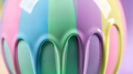Vibrant abstract background showing thick colorful pastel paint flowing and dripping down the curved surface of a sphere or eggの素材