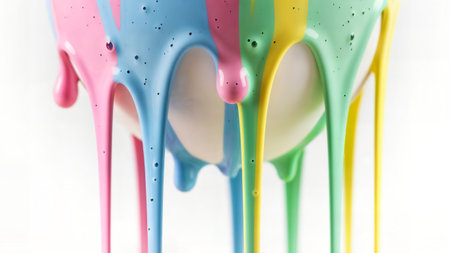 Thick pastel paint dripping down egg surface. Pink blue green and yellow colors flowing down. Creative easter decorating process closeup.の素材